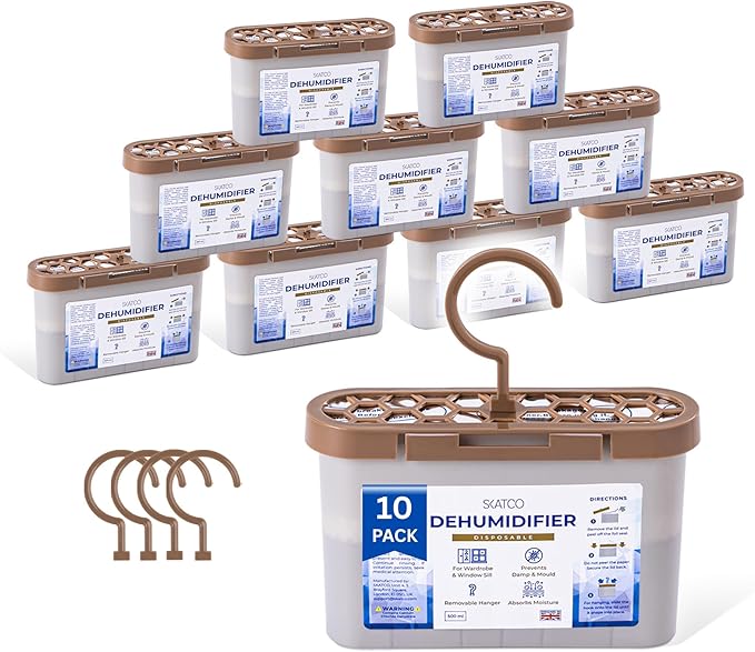 Disposable Dehumidifier Bags - Box - 2-In-1 Condensation Absorbers for Flat Surfaces & Hanging - Compact 500ml Moisture Absorber Dehumidifiers for Home, Kitchen, Wardrobe, Garage, Basement - 10 Pack