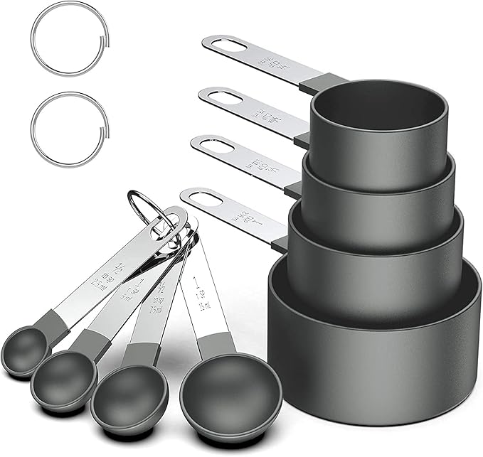 8 Pcs Measuring Cups and Spoons Set, Stackable Stainless Steel Handle Accurate Tablespoon for Measuring Dry and Liquid Ingredients Small Teaspoon with Plastic Head (Black)