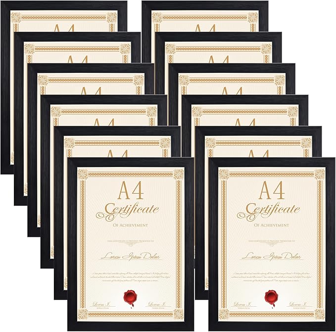 EXYGLO 12 Pack Black A4 Picture Frame Set, Versatile A4 Photo Frames - Ideal for Wall or Desk Display of Prints in Home and Office