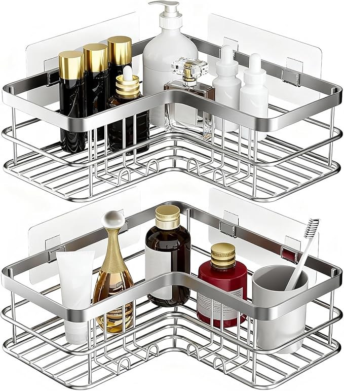 Yazoni Corner Shower Caddy, Adhesive Shower Organizer Corner, Bathroom Shelves Shampoo Holder with Hooks, Rust-proof Stainless Steel (Silver)