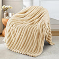 Exclusivo Mezcla Fleece Throw Blanket for Couch, Super Soft Striped Jacquard Bed Blanket, Lightweight Fuzzy Cozy for All Seasons, 127x152 CM, Beige