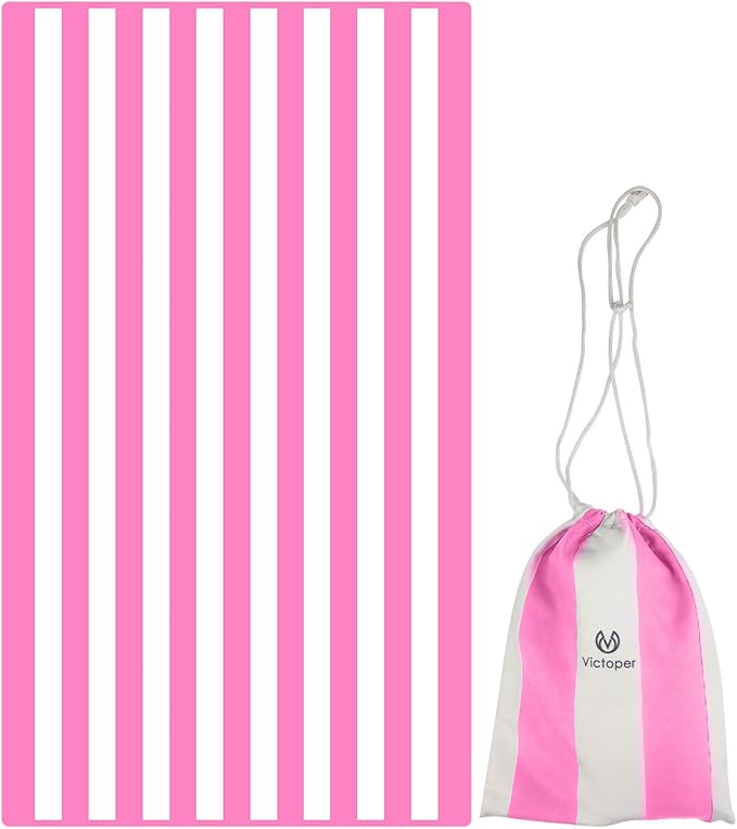 Victoper Microfiber Beach Towel Oversized Rapid Drying Sand Free Soft Compact Lightweight Qualities Beach Towels for Adults Ideal for Swimming Beach Yoga Camping Gym Carry Bag Pink Stripes 63x32 Inch