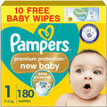 Pampers Premium Protection New Baby Size 1, 180 Nappies, 2kg-5kg, Monthly Pack + Pampers Harmonie Aqua Baby Wipes 10 Count, Packaging May Vary