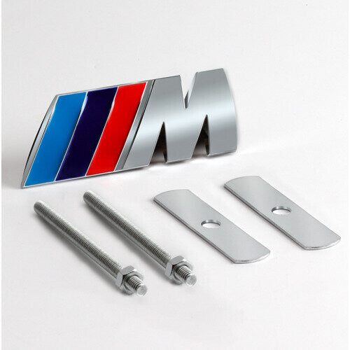 (Silver + Blue Red) Car 3d Metal BMW M Front Grille Emblem Badge