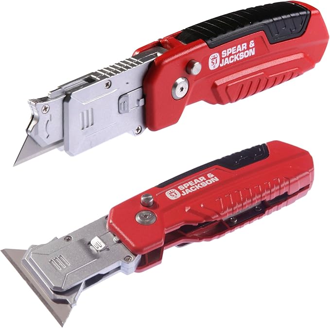 Spear & Jackson SJ1790 2-in-1 Trimming Knife and Scraper - Multi-Functional Utility Knife & Scraping Tool, Folding Cutting Blade Stores in Handle, Rotating Blade for Scraping + 10 Spare Blades