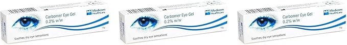 Medicom Carbomer 0.2% Eye Gel – Hydrating Nighttime for Dry Eyes, Lubricating Gel Drops for Tired, Soothing Relief from Itchy, Irritated, Sensitive - 10g Pack of 3 - Brand May Vary