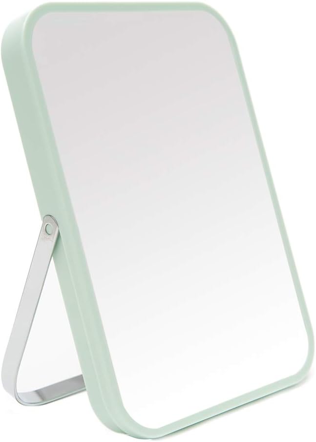 YEAKE Table Desk Vanity Makeup Mirror, 8-Inch Portable Folding Mirror - Metal Stand 90° Adjustable Rotation for Travel Makeup - Bathroom Shower Green