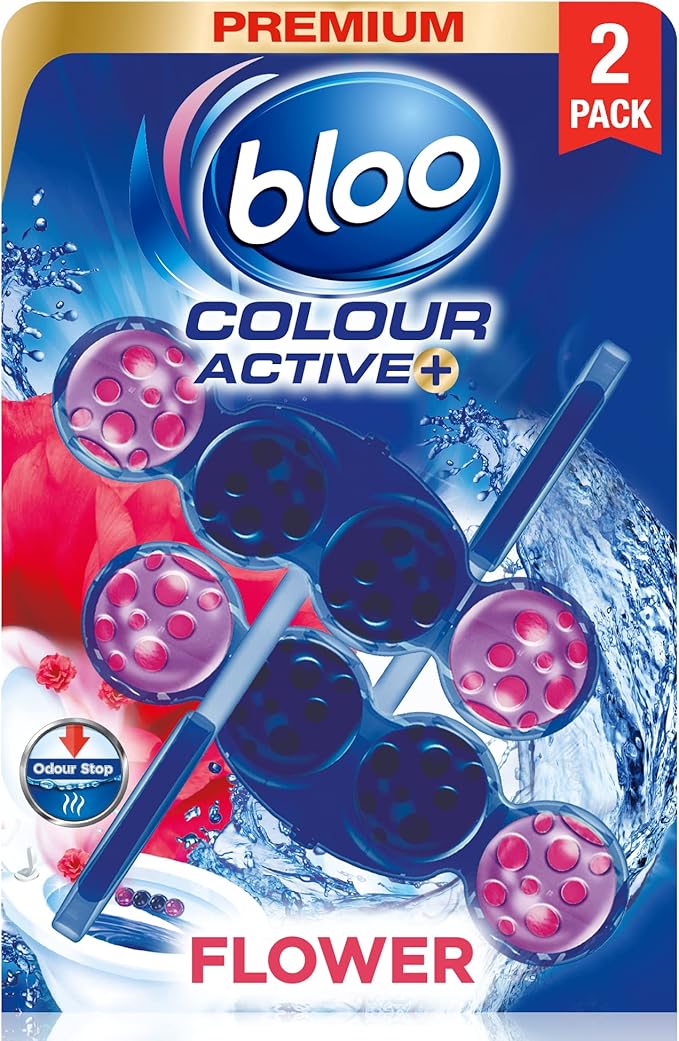 Bloo Colour Active Toilet Rim Block Fresh Flowers with Anti-Limescale, Cleaning Foam, Dirt Protection and Extra Freshness - 2 x 50g