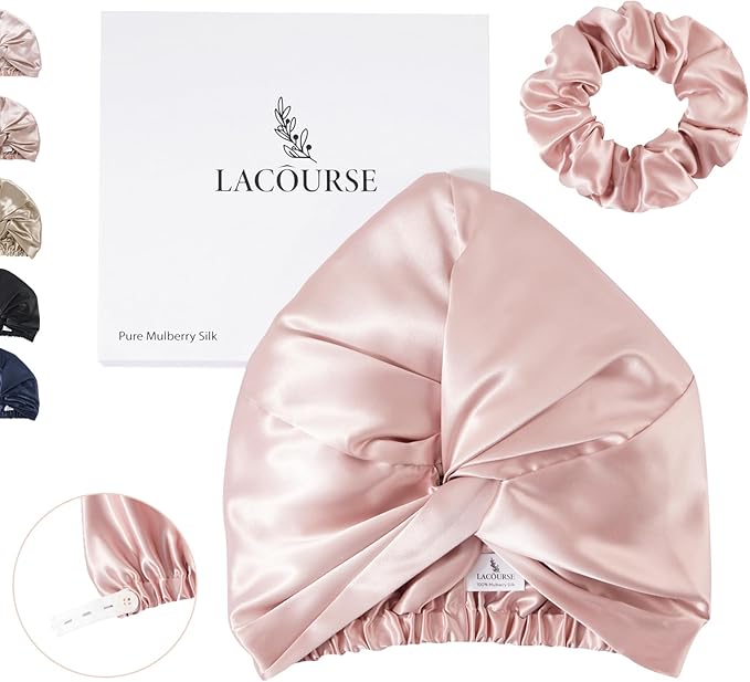 Non-Slip Upgraded Adjustable 22 Momme 100% Mulberry Silk Bonnet for Sleeping Women, Double-Layered Silk Hair Wrap with More Durable Elastic Stay on Head. Pink