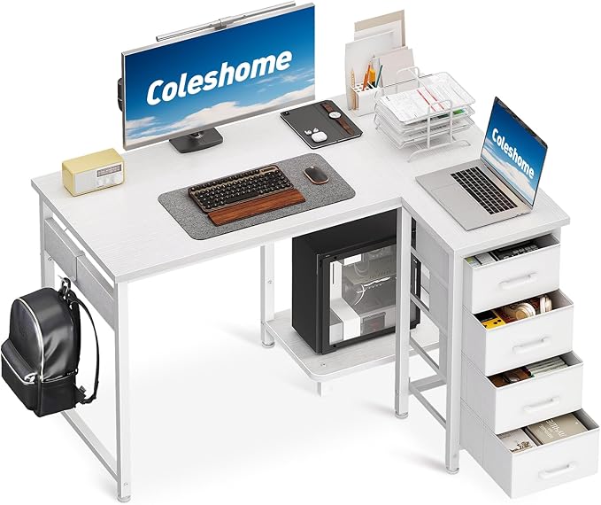 Coleshome Computer Desk with Drawers, 100x70 cm Corner Desk for Home Office, Reversible L Shaped Office Desks White