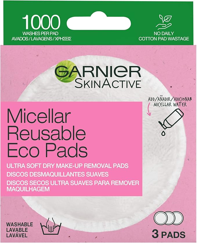 Garnier Micellar Reusable Makeup-Remover Eco Pads, Set Of 3 Ultra Soft Micro Fibre Pads, For All Skin Types, 0 Waste Eco-friendly Remover Pads, Up To 1000 Washes, Use With Garnier Micellar Water