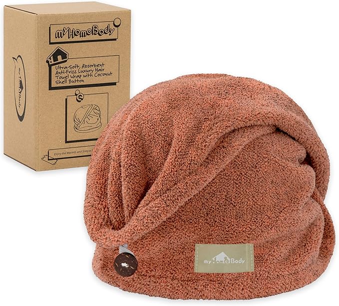 myHomeBody Hair Towel Wrap, Luxury Rapid-Dry Hair-Drying Turban, Ultra Soft and Quick Drying Absorbent Charcoal Fiber, with Coconut Shell Button – Cinnamon