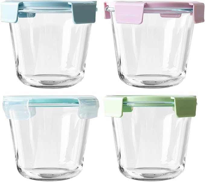 Glass Food Storage Soup Containers with Lids set 4, Meal Prep Reusable Airtight Round Lunch Bowls Boxes, Kitchen Cooking Pantry Organizers Breakfast Porridge Pots, Suitable for Microwave Freezer