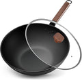 Jobin 13Inch/33cm Wok Non Stick with Lid Carbon Steel Wok Large Capacity for Cook Asian Dishes for 4-6 People, Deep Frying Pan for Induction, Gas, Ceramic, All Hobs