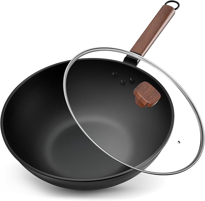 Jobin 13Inch/33cm Wok Non Stick with Lid Carbon Steel Wok Large Capacity for Cook Asian Dishes for 4-6 People, Deep Frying Pan for Induction, Gas, Ceramic, All Hobs