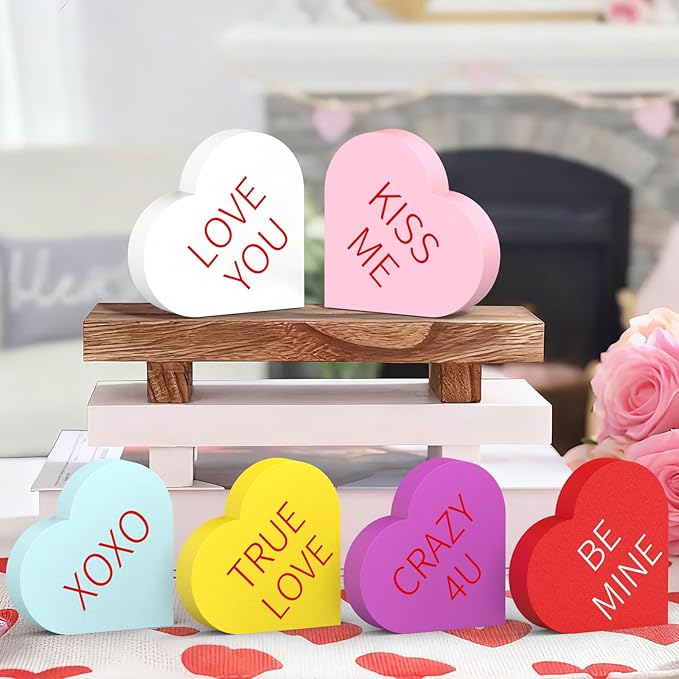 Valentines Day Decorations, 6 Pcs Double Printed Wooden Valentines Decor Hearts Sign for Valentine Galentines, Romantic Valentine Day Table Decoration for Home Office Mantel Shelf
