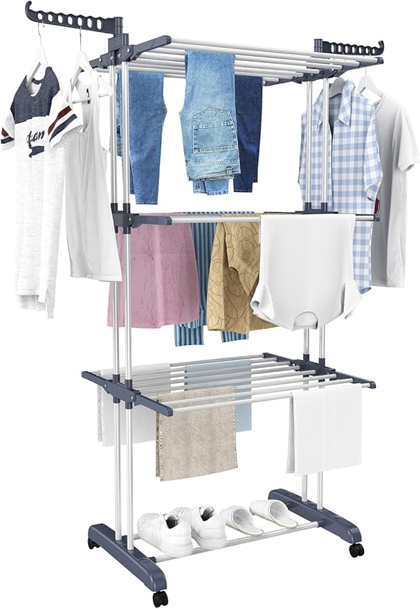 HOMIDEC Airer Clothes Drying Rack,4-Tier Foldable Clothes Hanger Adjustable Large Stainless Steel Garment Laundry Racks for Indoor Outdoor