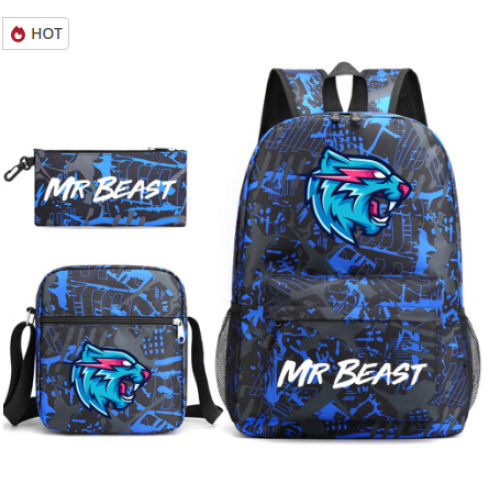 Mr Beast Lightning Cat 3-Piece Backpack Set Student Laptop Canvas Bag