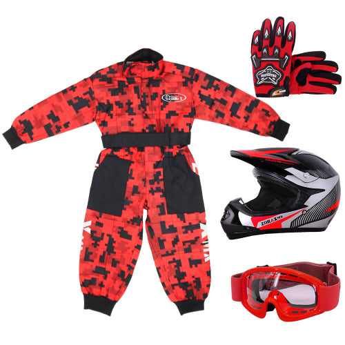 (Red, S) ZORAX X19 Kids Motocross MX Helmet Motorbike Camo Suit Karting Gloves Goggles