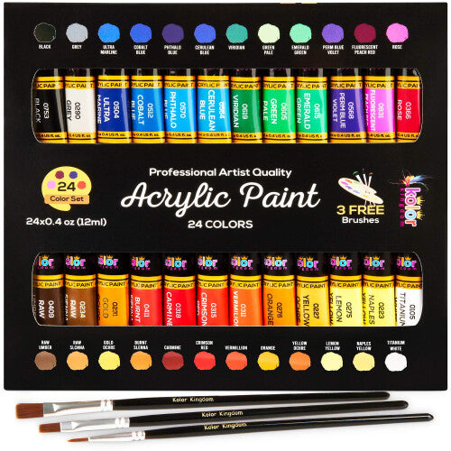 KOLOR KINGDOM Acrylic Paint Set 24 Colours Canvas Paints Kit with 3 Paint Brushes for Crafts,Kids Paints, Paper, Rock Painting, Wood,Ceramic & Fabric