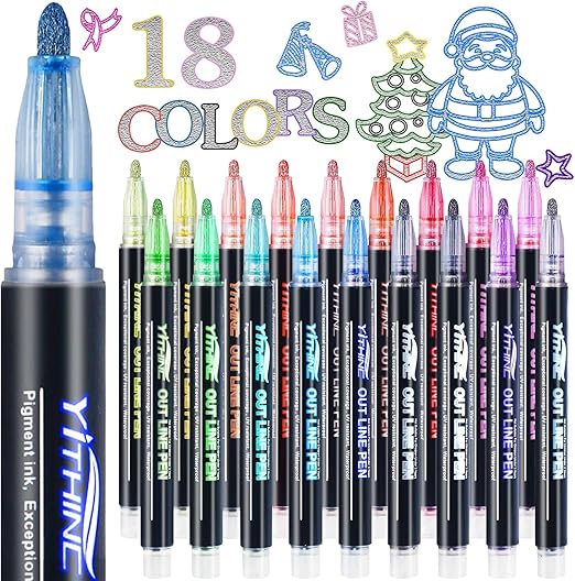 YITHINC Glitter Pens Outline Marker Pen, Arts and Crafts Gift for Kids Girls, Teenage Girls Gift, 18 Sparkle Metallic Colouring Pens, Easter Gifts for 4 5 6 7 8 9 10 11 12 Year Old Girls