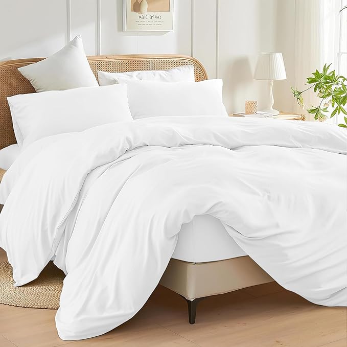 Double Size Duvet Cover Set (White) - 3 Pcs Brushed Microfiber Plain Dyed Quilt Cover - Bedding Set with Button Closure Include 1 Duvet Cover & 2 Pillowcases