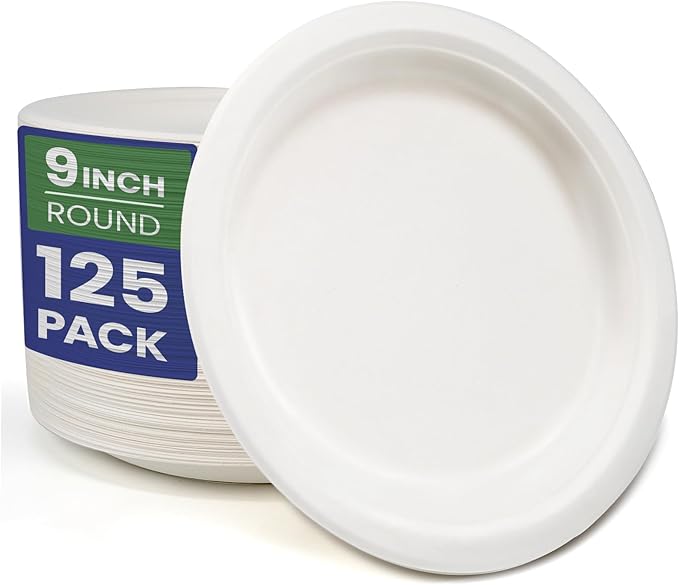 GreFusion 9 Inch Strong Paper Plates [125 Pack] Heavy Duty Disposable Plates Sugarcane Eco-Friendly White Party Plates