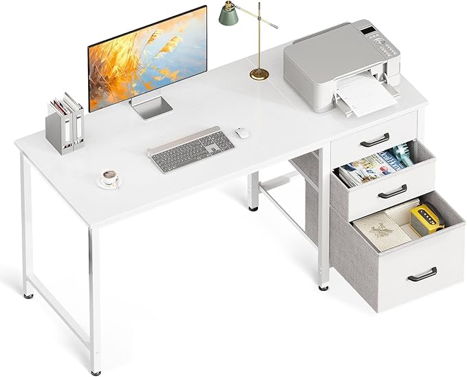 Coleshome Computer Desk with Drawers, 120×48cm Office Desk with Storage, Reversible Small White Desks for Home Office