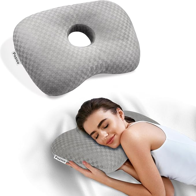 pozico Ear Piercing Pillow with an Ear Hole for Ear Pain and Side Sleepers (Gray)