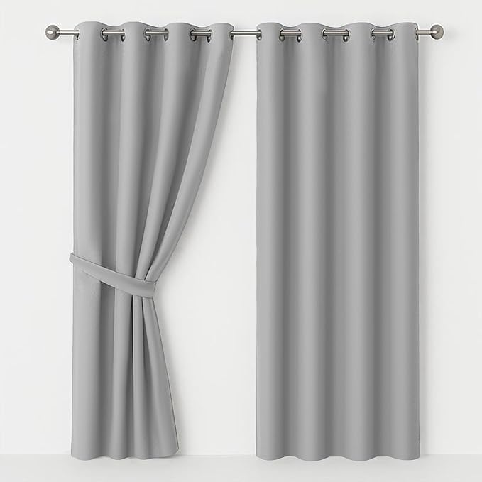 AMEHA Blackout Eyelet Curtains for Bedroom Light Grey Black Out Curtains Thermal Insulated Ring Top Window Treatment Curtain 46 X 54 Inch 2 Panels Tiebacks…