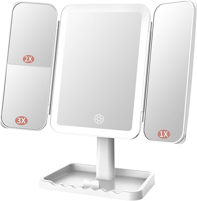 FASCINATE Rechargeable Trifold Makeup Vanity Mirror with Lights, Adjustable Dimming Touch Sensor, 180° Rotation, Portable Cosmetic Mirror