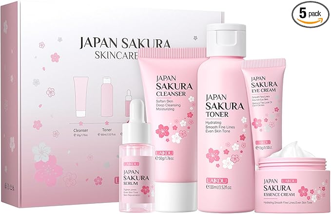LAIKOU SkinCare Set, JAPAN Sakura Skin Care Sets & Kits - Cleanser,Toner,Face Serum,Eye Cream,Face Cream, Gift Set for Teenage Girls Women Mom Daughter Birthday, Travel Kit for All Skin Types, 5pcs