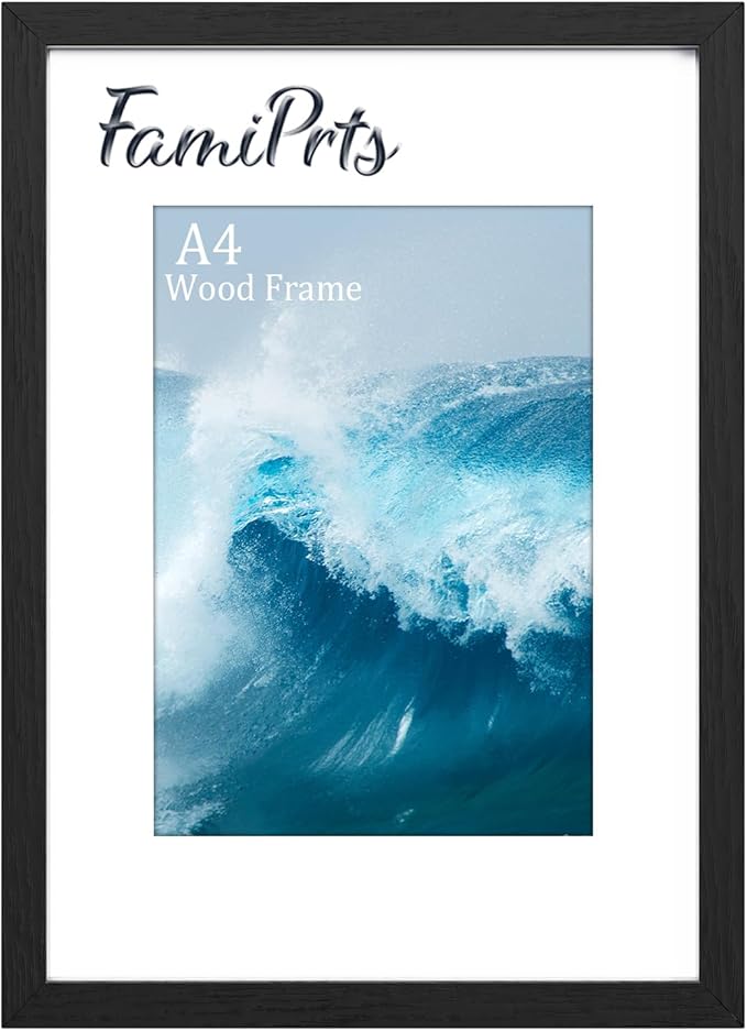 A4 Frame, Wooden A4 Picture Frames, Versatile Black A4 Frame, Dual Orientation (Landscape/Portrait), Includes Stand & Wall Hooks - Wall Mount or Tabletop for Home, Office, Gallery