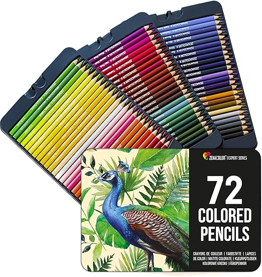 Zenacolor 72 Colouring Pencils with Metal Box 72 Unique Coloured Pencils and Pre Sharpened Crayons for Colouring Book - Easy Access with 3 Trays