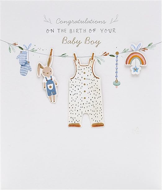 UK Greetings | New Baby Card For Baby Boy | Newborn Gifts | For New Parents | Washing Line Design | With Envelope | 165 x 190 mm