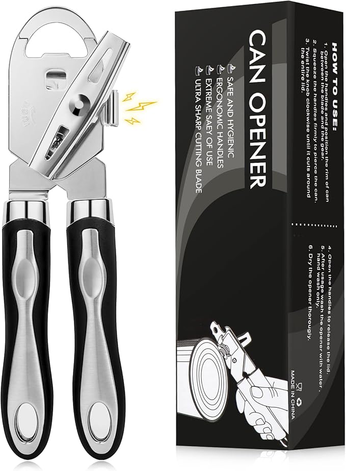 Diboniur Tin Opener Manual Can Opener Heavy Duty Stainless Steel, 3-in-1 Multifunctional Can Opener and Bottle Opener, Handheld Can Openers That Work, Smooth Edge, Black