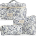 3PCS Coquette Makeup Bag, Quilted Makeup Bag for Women, Floral Cotton Cosmetic Bag Set, Large Capacity Aesthetic Floral Toiletry Bag, Travel Toiletry Bag, Wash Organizer Pouch for Women Girls