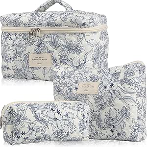 3PCS Coquette Makeup Bag, Quilted Makeup Bag for Women, Floral Cotton Cosmetic Bag Set, Large Capacity Aesthetic Floral Toiletry Bag, Travel Toiletry Bag, Wash Organizer Pouch for Women Girls