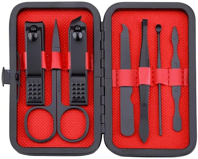 Manicure Set, Portable Nail Clippers & Eyebrow Grooming Kit, Nail Care Tools, Pedicure Tool, Grooming Tools for Travel & Home, Gift for Men, Women, Friends and Parents (7 Pieces) (Black & Red)