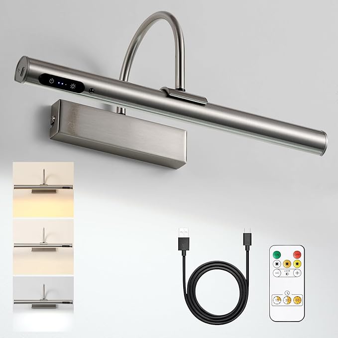 HARPER LIVING Rechargeable Picture Light Satin Nickel, Battery Operated Wall Light with Touch & Remote Control, Dimmable 3 Color Temps, Magnetic Wireless Wall Lamp for Pictures Frame Gallery[Energy Class D]