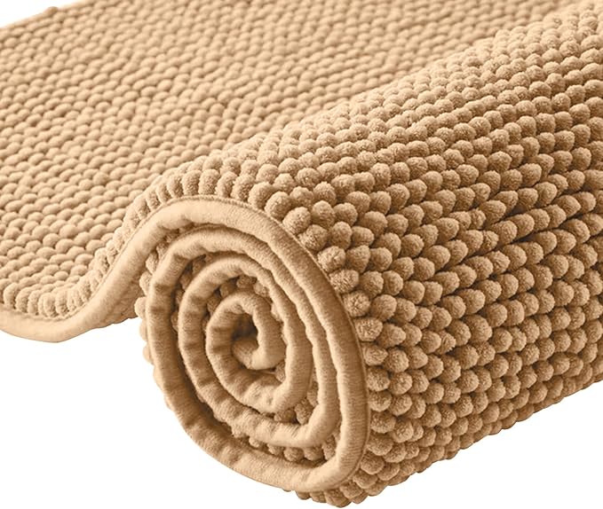 Moonlight Bedding Bath Mat Non Slip Anti Mould - Chenille Shower Mat Beige 40 x 60 cm Super Absorbent Bathroom Mat Machine Washable Extra Soft Fluffy Bathmat