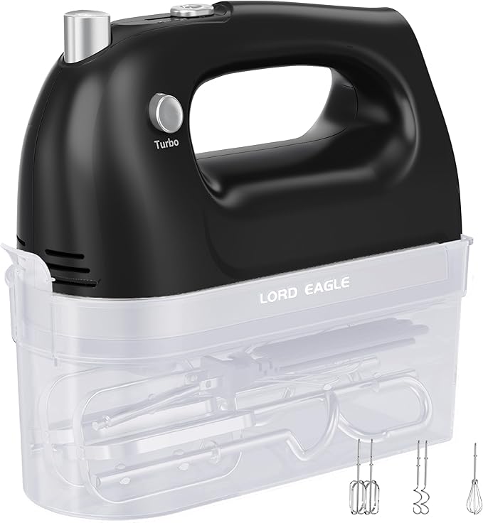 Lord Eagle Hand Mixer Electric Whisk, 400W Power Handheld Mixer for Baking Cake Egg Cream Food Beater, Turbo Boost/Self-Control Speed + 5 Speed + Eject Button + 5 Accessories, Black
