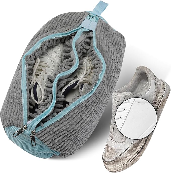 2-in-1 Shoe Washing Bag for Washing Machine – Dual Compartment Grey Laundry Bag, Reusable & Tear-Resistant for Trainers, Sneakers, Running Shoes (Wash 2 Shoes in 1 Bag)