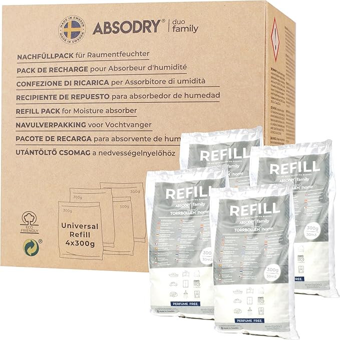AbsoDry - Dehumidifier Refill Pack 4 x 300 g - AbsoDry Compatible - Prevents Odour & Binds Moisture - Desiccant Bag with Granules for Room Dehumidifier Refill Pack