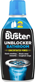 Buster Bathroom Drain Unblocker, Double Dose Bottle, Fast-Acting Sink Unblocker Dissolves Hair, Sludge & Soap, Drain Cleaner Clears Blockages in Shower, Bath & Bathroom Sink Pipes, 600ml - Made in UK