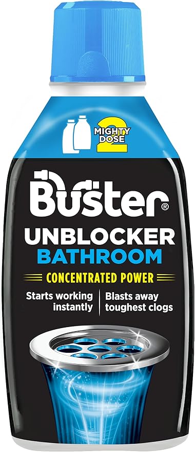 Buster Bathroom Drain Unblocker, Double Dose Bottle, Fast-Acting Sink Unblocker Dissolves Hair, Sludge & Soap, Drain Cleaner Clears Blockages in Shower, Bath & Bathroom Sink Pipes, 600ml - Made in UK
