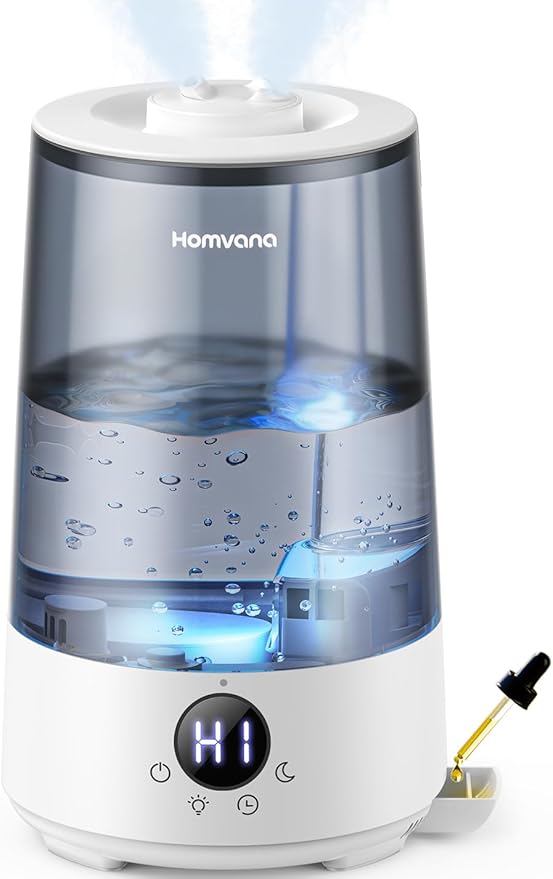 Homvana Humidifier for Bedroom, 3.6L Cool Mist Humidifiers, 360° Rotatable Mist, 34H Runtime, Quiet 16dB, Night Light, Air Humidifier for Baby, Plants, Office, Oil Diffuser, Ultrasonic (Grey)