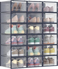 SONGMICS Shoe Boxes, Pack of 18 Stackable Shoe Storage Organisers, Foldable and Versatile for Sneakers, Fit up to UK Size 9.5, Transparent and Charcoal Blue LSP18SB30