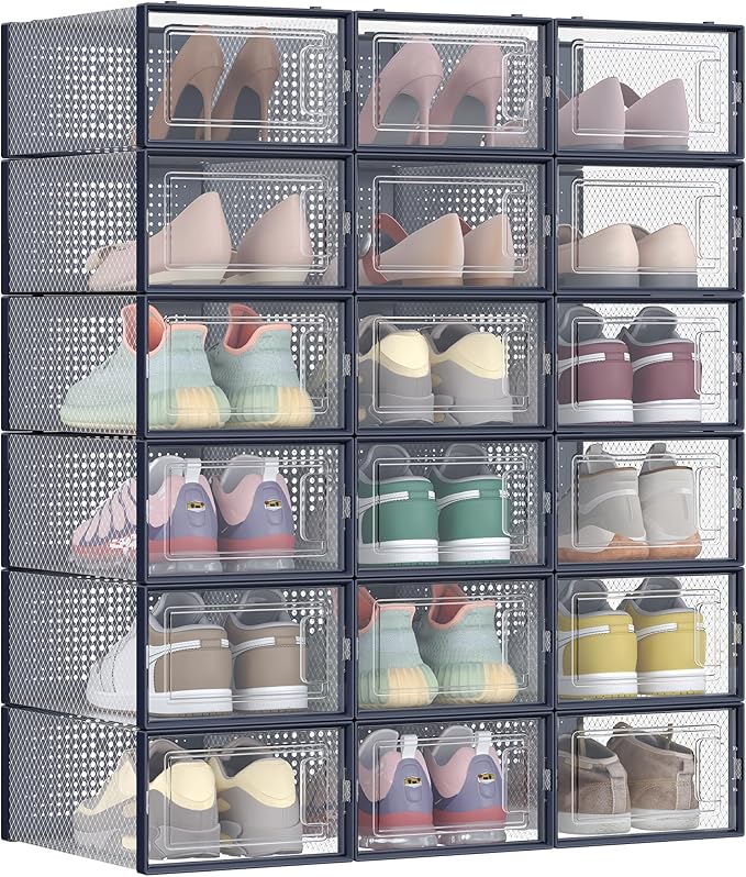 SONGMICS Shoe Boxes, Pack of 18 Stackable Shoe Storage Organisers, Foldable and Versatile for Sneakers, Fit up to UK Size 9.5, Transparent and Charcoal Blue LSP18SB30
