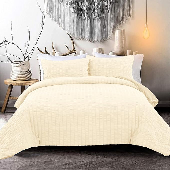 Cream Yellow Seersucker Bedding Set Seersucker Duvet Cover,2 Pillowcases with Zipper Closure,Soft Microfibre,King Size 220×230cm